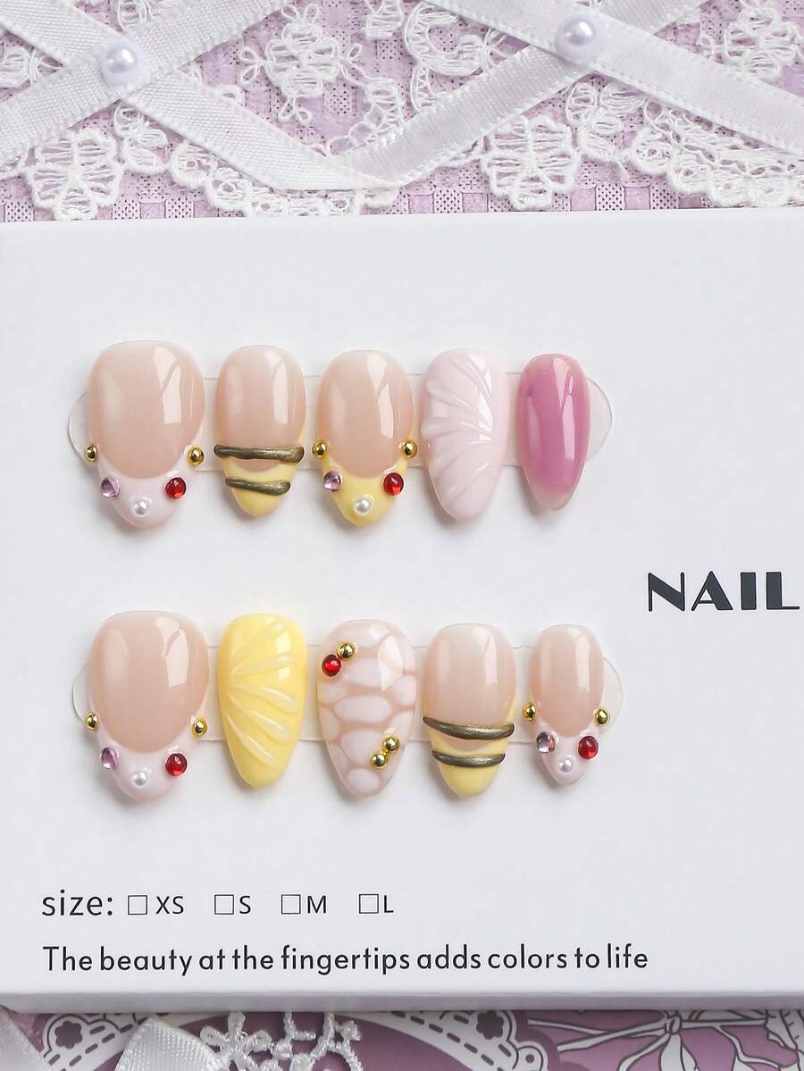 10pcs Handmade Medium Almond Shape Classic French Pressed Flower False Nails, Gold Beads With Hand-Carved Floral Design, Pink Yellow Solid Color, Red Gold Pink Polka Dot Pattern, Suitable For Party, Dance, Daily Wear, Comes With Tool Set, Perfect Gift For Women And Girls - Multicolor - View 1