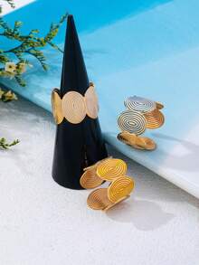 3pcs/Set Gold Metal Spiral Textured Grooved Enamel Colorful Rings Set, Gentle & Elegant, Suitable For Vacation And Commute Jewelry - Multicolor - View 2