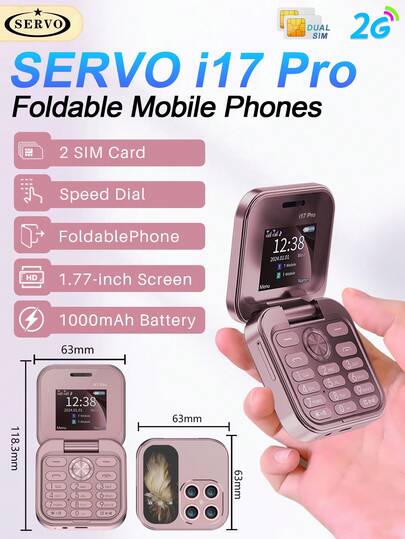 SERVO I17 Pro Mini Flip Phone 1.77-Inch Screen Dual SIM Dual Standby FM Radio 2G GSM Button Mini Folding Small Phone