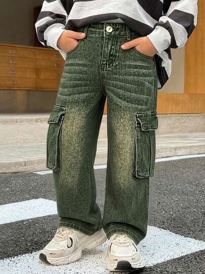 Young Boy 2-8 Years Street & Vintage Style New Color Green Wide Leg Cargo Jeans For All Seasons 2-3Y No Zipper 4Y-8Y With Zipper Easy To Wear New Sand-Washed Process Built-In Elastic Waist Adjustable Loose Wide Leg Versatile Denim Cargo Pants