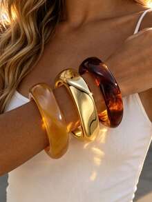 3pcs/Set Fashionable Minimalist Elegant Exquisite Vintage Design Geometric Ribbon Colorful Resin Asymmetrical Marbled Pattern CCB Metal Style Exaggerated Wide Chunky Bracelets Set, Holiday Vacation Party Date Gift, Daily Commute Wear, Personalized - Multicolor - View 5