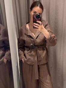 女款條紋時尚百搭通勤旅行休閒西裝外套 - 咖啡棕 - 查看 3