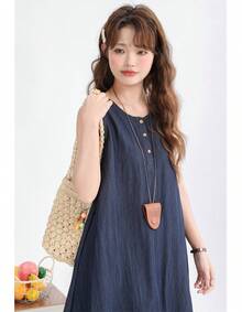 韓式甜美青春無袖洋裝 文藝休閒可愛鈕扣裙 度假日常拍照夏季穿搭 - 深色水洗藍 - 查看 3