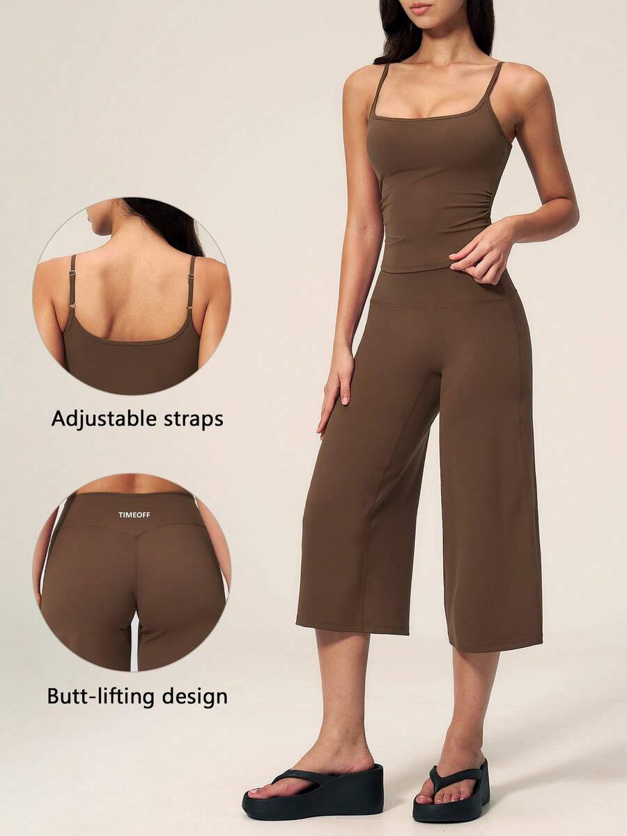 TimeOff Women's One Set Solid Color Adjustable Strap Camisole & Wide Leg Mid-Length Pants Sports Set - Chocolate Brown - View 1
