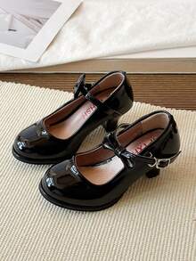 Girls' Black Shiny Bow Mary Jane Shoes | Mid-Heel Single Strap Princess Style - Black - View 7