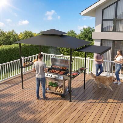 Cenador con parrilla para barbacoa, doble techo con toldo lateral, 2 estantes laterales, ganchos y cubierta impermeable de 245x141x253cm, color negro/gris/beige.