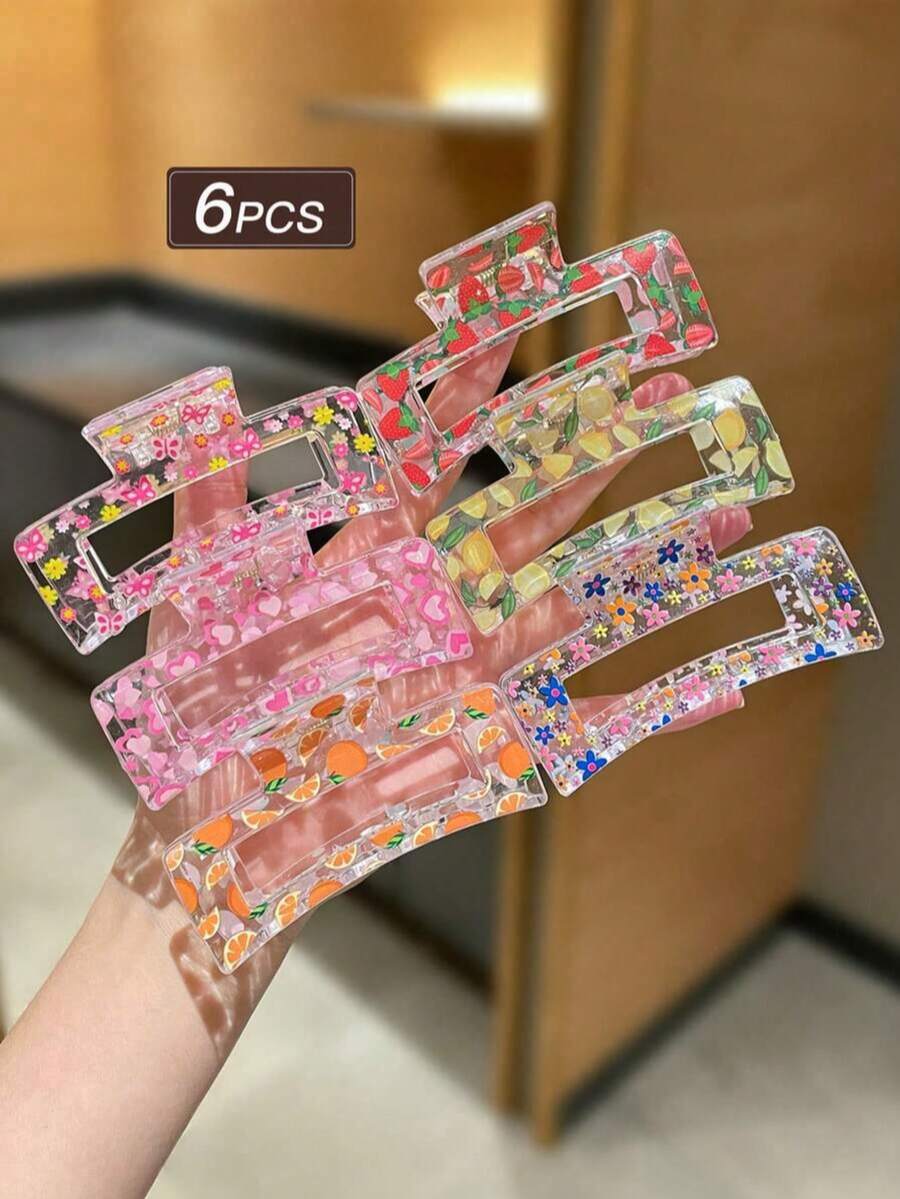 6pcs Women's Colorful Square Hair Clips With Fruit, Flower, Butterfly Print Elements. Sweet And Cute Style, Large Claw Clips, Summer Vacation Accessories, Women's Hair Accessories. Suitable For Daily Casual Outings. Summer Accessory Set, Hair Accessories, Women's Accessories, Back To School Hair Accessories, Beach Accessories. Elegant Claw Clips.