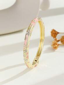 1pc Fashion New Gold-Plated Exquisite Rhinestone Swirl Enamel Filigree Hinged Open Bangle Bracelet, Jewelry Gift For Girls And Women - Pink - View 7
