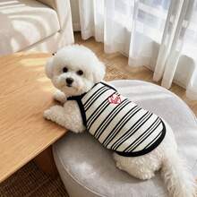 1pc Striped Knit Camisole Dress With Heart Embroidery, Breathable Sleeveless, Suitable For Small Dogs And Cats - Black and White - View 4