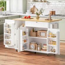 Mobile Kitchen Island With Fold-Down Worktop, Kitchen Trolley, Bar Table, With Drawer And Storage Cabinet, 3 Door Shelves, 120 * 45 (70) * 92 Cm - White - View 1