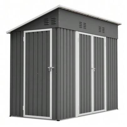 Casinha de jardim metálica de 4 x 8 m com duas portas, anexa a uma estrutura externa, ideal para guardar ferramentas, perfeita para jardim, terraço ou quintal. Cor: cinza.