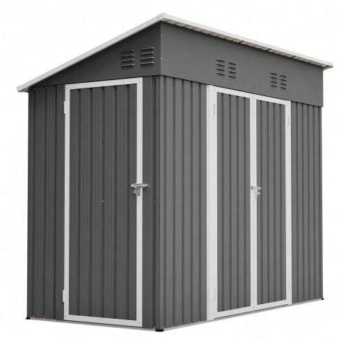 Casinha de jardim metálica de 4 x 8 m com duas portas, anexa a uma estrutura externa, ideal para guardar ferramentas, perfeita para jardim, terraço ou quintal. Cor: cinza.