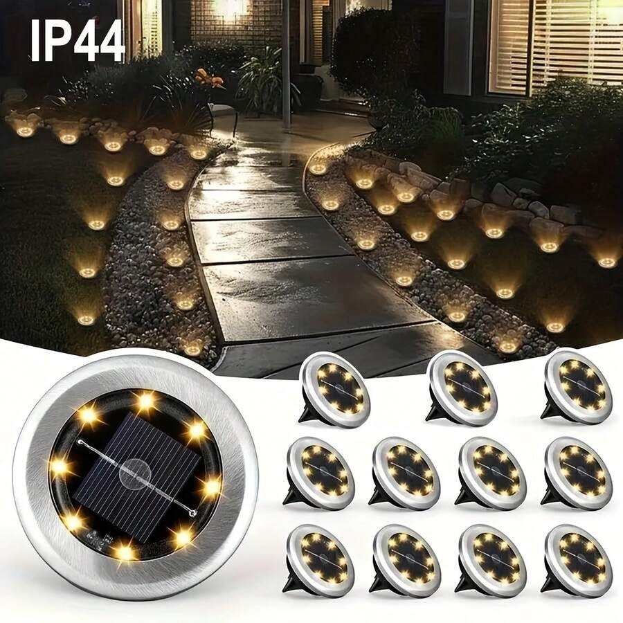 VOLACI 4/8/10/12 Pcs Mini Solar 8LED In-Ground Lights, Outdoor Stainless Steel Solar Ground Lights, Solar Pathway Lights For Yard, Garden, Walkway, Driveway, Solar Landscape Lighting, Solar Powered, No External Power Source, Suitable For Outdoor Use