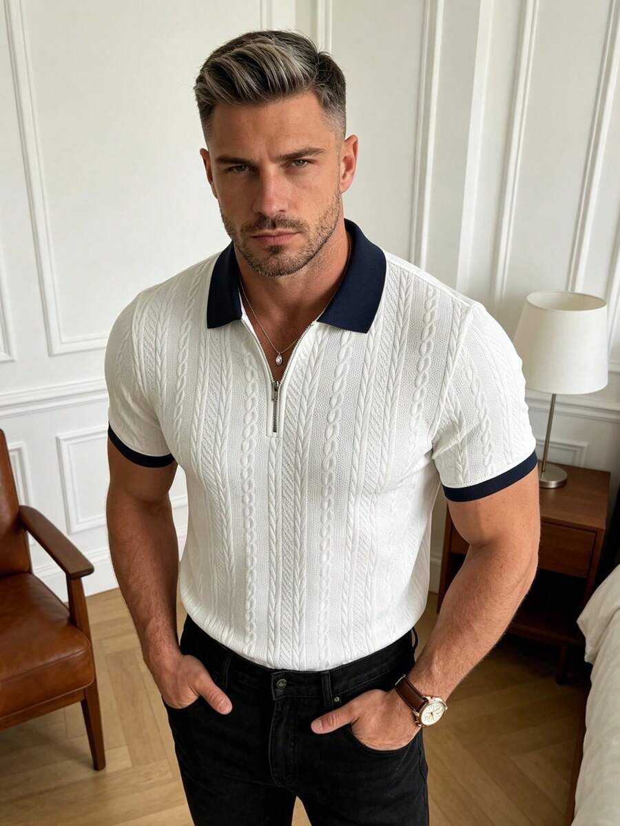 Men's Spring/Summer Daily Commute Fashion Casual Versatile Short Sleeve Jacquard Polo Shirt - White - View 1