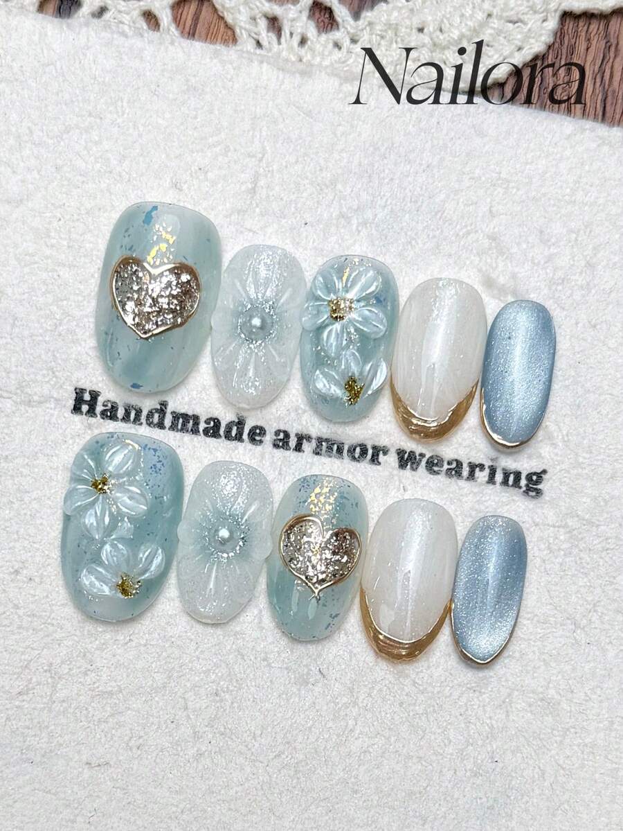10片手工橢圓形穿戴式壓貼美甲片 DIY 可穿戴壓克力短甲 薄荷綠與藍色貓眼金箔亮片 3D 花卉櫻花線條藝術 夏季假指甲 適合派對、日常、約會、度假,女性與女孩禮物美甲用品 - 彩色 - 查看 1