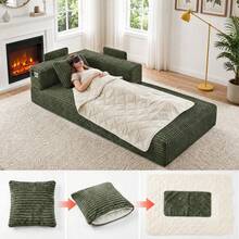 Sofá con cojín de compresión de 200 * 100 cm, sofá de suelo de baldosas de pana sin montaje con bolsillos de almacenamiento, sofá cama modular para salón o dormitorio. - Verde Oscuro - Ver 5