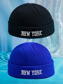 2件組 男士純色百搭 3D刺繡 NEW YORK 針織帽 無帽簷帽，適合秋冬保暖、日常穿著與搭配 - 2 pcs NEWYORK - 查看 5