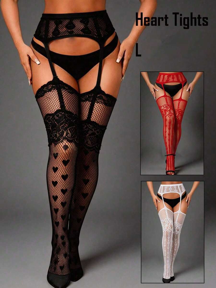 1 Pair Black White Red Women's Fishnet Suspender Pantyhose, Heart & Floral Pattern Thigh High Stockings With Garter Belt, Summer Travel Party Cosplay Gift - Multicolor - View 1