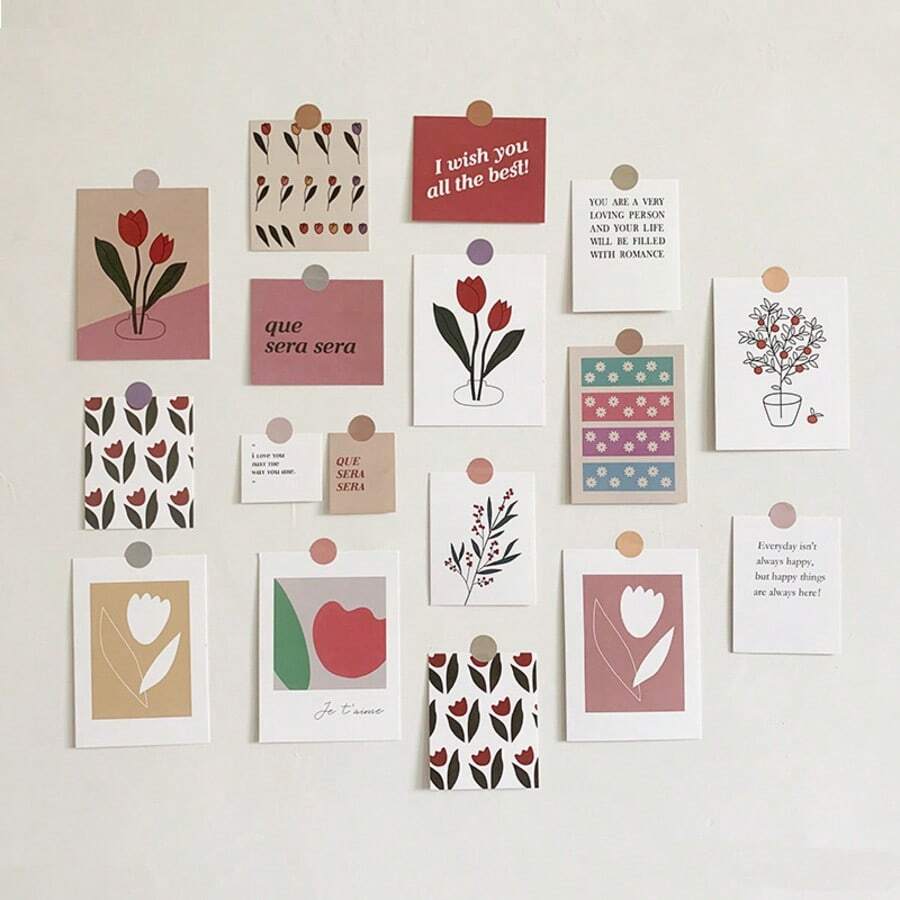 17pcs/1set Ins Style Artistic Literary Card Wall Stickers Postcards Oil Painting Room Wall Decor Scrapbook Material - Journaling Material Paper - View 1