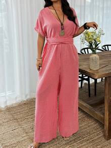 Weeklong Pantalones de pierna recta con cintura ceñida, estampado floral de unicolor, adecuados para uso diario y vacaciones, talla grande para mujeres con cuello en V - Rojo - Ver 1
