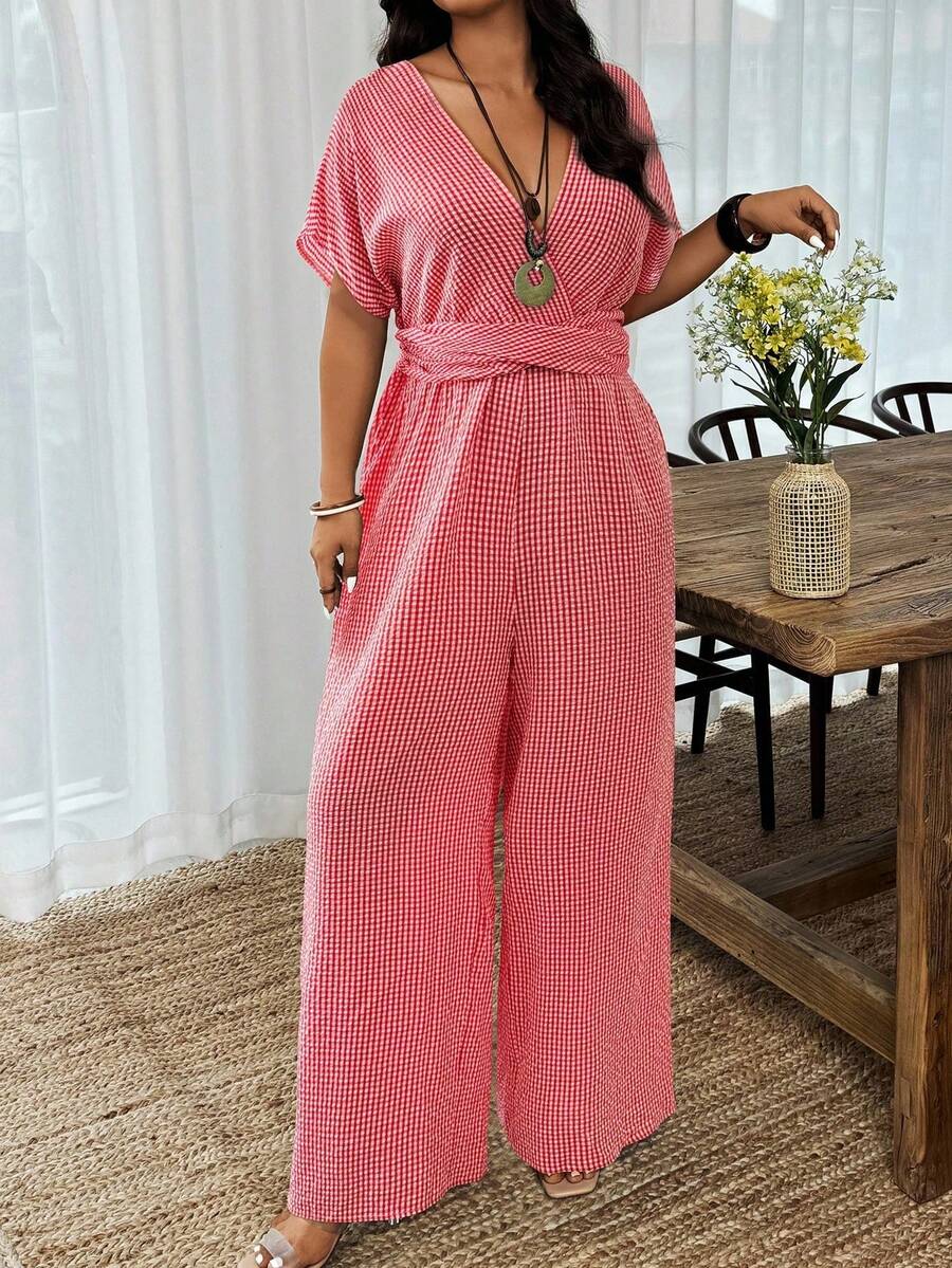 Weeklong Pantalones de pierna recta con cintura ceñida, estampado floral de unicolor, adecuados para uso diario y vacaciones, talla grande para mujeres con cuello en V - Rojo - Ver 1