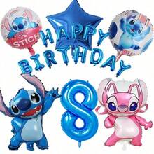 Hasbro Lilo & Stitch & Angel 主題生日氣球套組，包含數字鋁箔氣球、Stitch 與 Angel 造型鋁箔氣球、「HAPPY BIRTHDAY」字母氣球、星星氣球，藍色與粉色 CP 配色，營造可愛動畫氛圍 - 彩色 - 查看 14