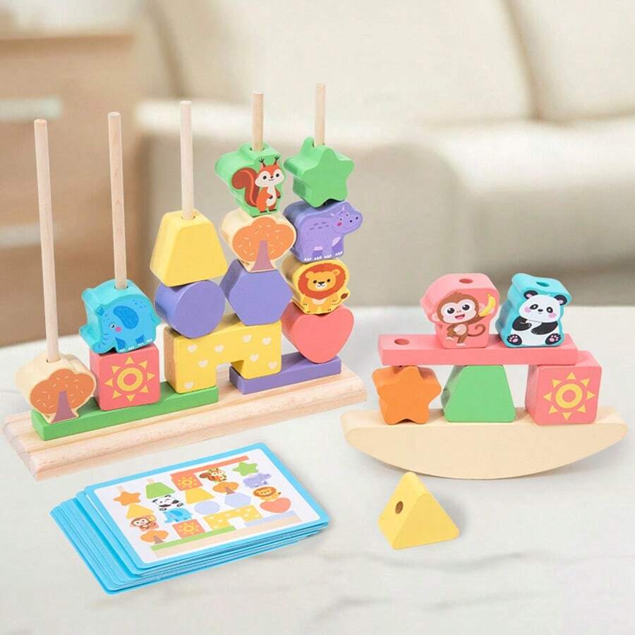 兒童木製5柱色彩形狀配對平衡疊疊2合1遊戲玩具組,色彩形狀動物認知遊戲玩具,親子互動遊戲玩具組,生日禮物,兒童節禮物 - 彩色 - 查看 1