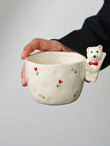 Creative Bear Handle Ceramic Mug, Hand-Painted Rose Flower Asymmetrical Hand-Molded Cup, Home Breakfast Oatmeal Coffee Water Cup, Girly Gift Cup, Souvenir Gift - Multicolor - View 12