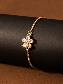 1pc Luxury Style Adjustable Flower Bracelet, Sweet Elegant Fairy Style, Suitable For Daily Wear, Gift, Date - Gold - View 3