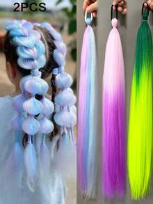 2pcs DIY Ponytail Hair Extensions, Synthetic Fiber Braided Hair Extensions With Rubber Hair Bands, Suitable For Children - Multicolor - View 3