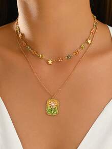 2pcs/Set Exquisite Elegant Colorful Butterfly Rhinestone Neck Chain Layered Square Flower Pendant Necklace Sweet Daily Women's Neck Jewelry Suitable For Daily Wear And Vacation Date Chain Length Cut By Section Randomly Colored Rhinestone Color Arrangement Also Random - Multicolor - View 1