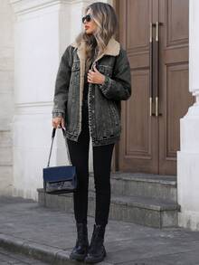 Mobula Sound#Versatile Casual Fashion Autumn/Winter Thermal Lined Cold-Proof Y2K College Style Front Button Lapel Women's Denim Jacket - Grey - View 3