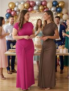 CALEBGAR Women's Elegant Mock Neck Short Sleeve Twist Front Ruched Bodycon Maxi Dress - Brown - View 4