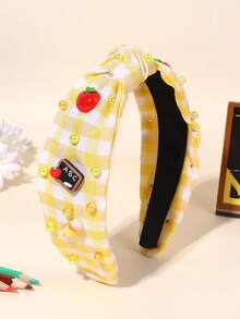 1pc Back To School Knotted Headbands,Gingham Stripe Apple Pencil Pearl Decor Hair Band ,Teen Hair Accessories For First Day Of School,School Supplies - Multicolor - View 2