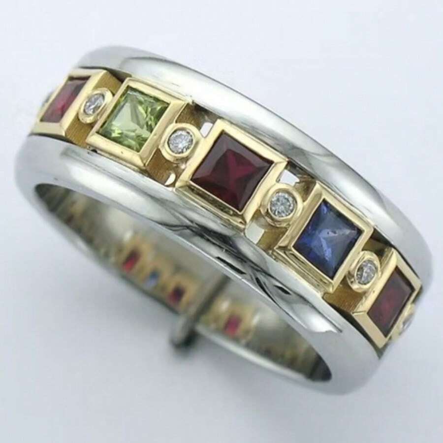 Light Luxury Contrast Color Women's Ring, Inlaid With Multi-Color Square Synthetic Zirconia Handmade Accessory, Perfect For Daily, Party, Banquet, Photography, Elegant Birthday Holiday Gift Jewelry - Silver - View 1