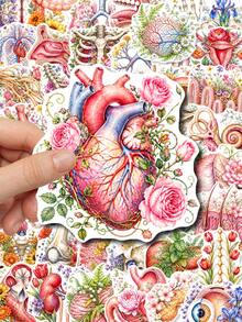 50Pcs Watercolor Floral Human Anatomy Organ Stickers, Vintage Medical Skeleton Tissue Floral Decals, Realistic Heart Brain Lung Bone Nerve Rose Peony Wildflower Stickers For Journal, Envelope, Laptop, Scrapbook & Medical Student Crafts - Multicolor - View 2