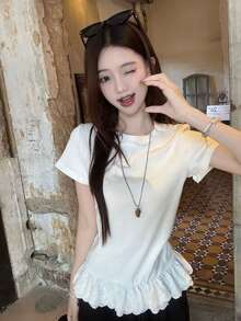 Women's Lace Patchwork Embroidered Trim Round Neck Short Sleeve T-Shirt, Summer Versatile Slimming Top - White - View 5