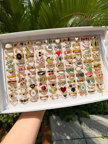 3/6/9/12/24 PCS Stainless Steel Colorful Oil Drop Geometric Open Rings Suitable For Women's Daily Wear (Randomly Shipped) - Multicolor - View 4