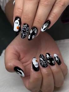 Halloween Nail 24pcs Medium Long Almond Nail, Black And White French Nail, Flame, Skull, Heart-Shaped Spider Web, Pumpkin Pattern Fake Nail, Gothic Style Press Nail Set, Suitable For Women's Daily, Holiday, Party, And Dance Occasions Nail Supplies. - Multicolor - View 1