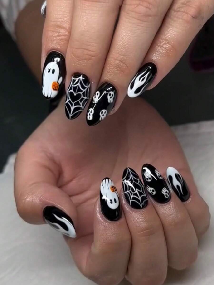 Halloween Nail 24pcs Medium Long Almond Nail, Black And White French Nail, Flame, Skull, Heart-Shaped Spider Web, Pumpkin Pattern Fake Nail, Gothic Style Press Nail Set, Suitable For Women's Daily, Holiday, Party, And Dance Occasions Nail Supplies. - Multicolor - View 1