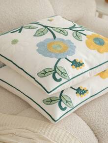 1pc Modern Pastoral Country Style Embroidered Pink Tulip Floral Soft Washable Machine Washable Decorative Pillow Case Suitable For Sofa Bedroom Living Room Home Decor - Retro Blue and Yellow Flowers - View 7