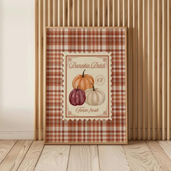 1pc Frameless Vintage Plaid Pumpkin Patch Autumn Wall Art Canvas Poster - Rustic Farmhouse Fall Decor, Thanksgiving Halloween, Cozy Kitchen Living Room Bedroom Dorm Apartment Print, Modern Home Decoration, Room Decor Bedroom, Vintage Decor