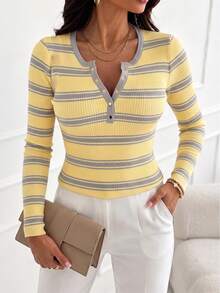 ChicMe Sweater Pullover Wanita Lengan Panjang Model Slim Fit Rajut Bergaris dengan Kancing Emas, Gaya Kasual Sehari-hari. - Kuning - View 2