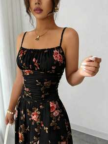Vestido con estampado floral, espalda descubierta, volantes y abertura alta, estilo bohemio para boda, noche, cita, vacaciones, fiesta negra, verano elegante - Negro - Ver 2