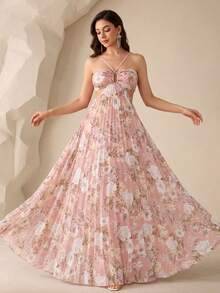 [Patrón Floral de Corte Aleatorio]Vestido de Noche Elegante con Estampado Digital de Acuarela, Sin Mangas, con Cordones en la Espalda, Plisado de Gasa y Vuelo Elegante - Rosa - Ver 3