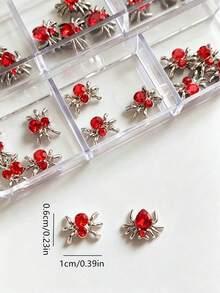 6 Grid Halloween Manicure 3D Red Rhinestone Spider Nail Charms, Mini Silver Metal Spider Nail Studs, Gothic Blood Red Crystal Nail Art Decorations For Acrylic Nails DIY Manicure Accessories Small Size Nail Gemstone - Multicolor - View 2