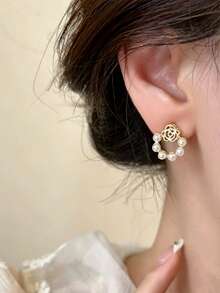 3 pares de pendientes de botón de flor con pétalos de perla sintética, estilo minimalista, elegante, nicho de alta gama, dulce, versátil y fresco, conjunto de pendientes para mujeres, adecuado para uso diario y festivo - Multicolor - Ver 2