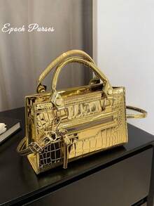 Vintage Crocodile Pattern Gold Purse For Women Mini Zipper Closure Handbag Shiny Texture Shoulder Crossbody Bag For Graduation Back To School Outfits - Multicolor - View 11