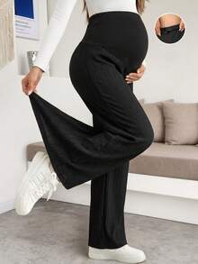 Elegant Black Ribbed Wide Leg Pants For Pregnant Women, Comfortable Medium Stretch Knit Long Pants With Button Detail Design, Suitable For Autumn Wear - Black - View 1