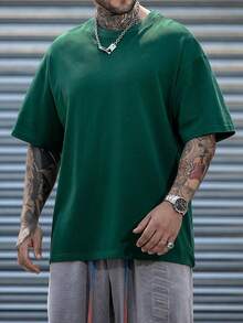 男士純色低彈性極簡主義夏季百搭輕量寬鬆短袖T恤透氣運動上衣 - 墨綠色 - 查看 3